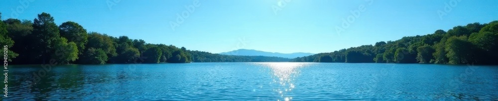 Blue sky, sparkling lake, dense forest backdrop, Masurian Lakes, Poland, reflection Blue sky, sparkling lake, dense forest backdrop, Masurian Lakes, Poland, reflection