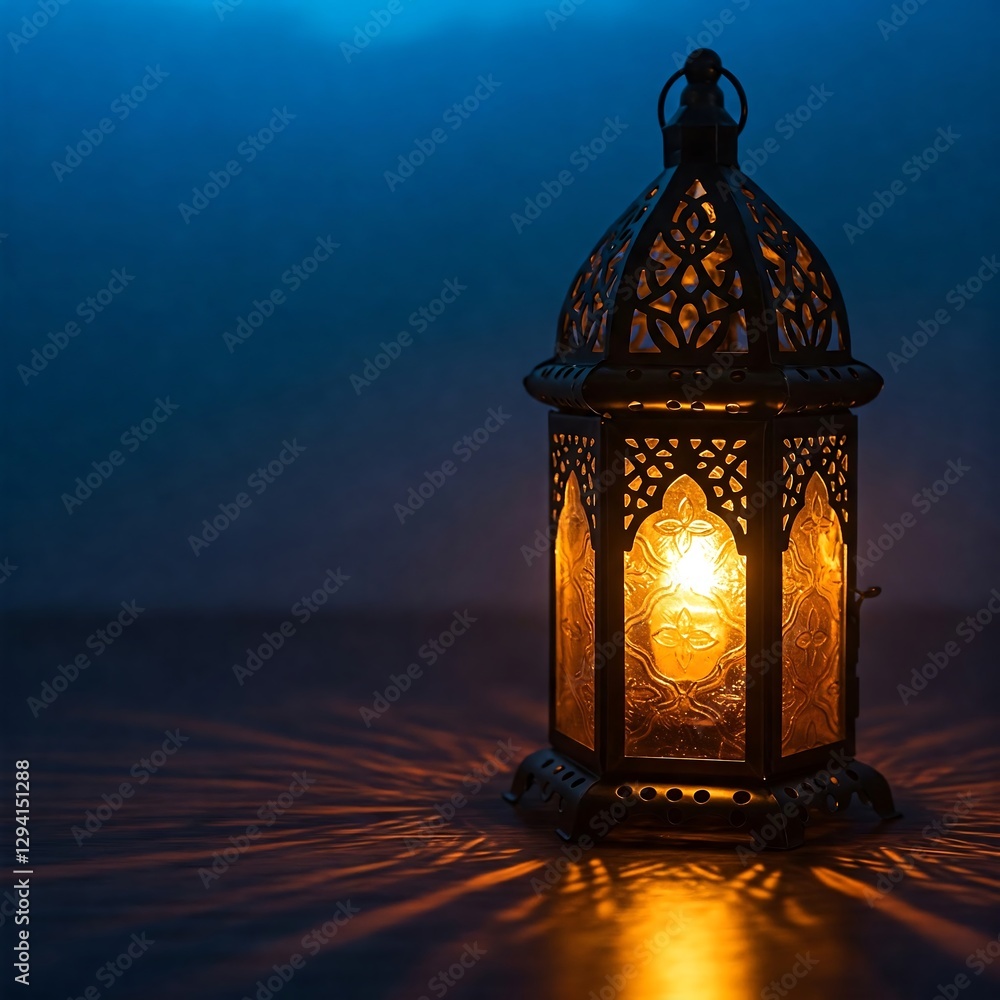 An artistic close-up of a single ornate Ramadan lantern with intricate metalwork, casting beautiful light patterns on a wooden surface. The warm glow of the lantern contrasts with the cool blue tones An artistic close-up of a single ornate Ramadan lantern with intricate metalwork, casting beautiful light patterns on a wooden surface. The warm glow of the lantern contrasts with the cool blue tones