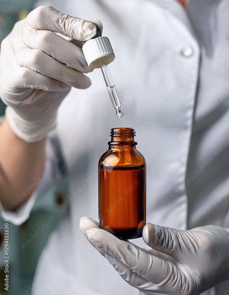 Scientist carefully extracts liquid from amber bottle using dropper in laboratory setting Scientist carefully extracts liquid from amber bottle using dropper in laboratory setting