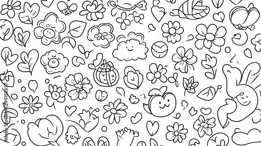 Cute doodle pattern of flowers, hearts, and animals. Use Background graphic design Cute doodle pattern of flowers, hearts, and animals. Use Background graphic design