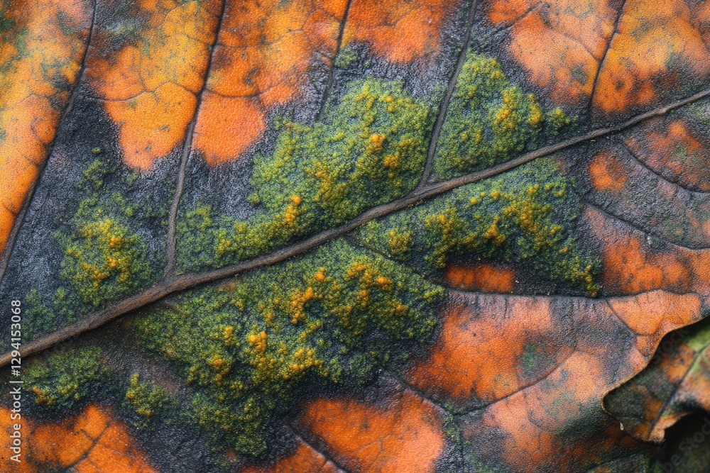 Close-up of a decaying leaf textured with vibrant orange, dark gray, and green moss-like growth. Close-up of a decaying leaf textured with vibrant orange, dark gray, and green moss-like growth.