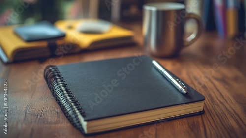 Wallpaper Mural Minimalist Desk Setup with Notebook, Pen, and Coffee Mug Torontodigital.ca