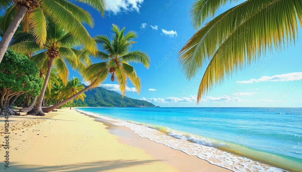 Serene tropical beach with palm trees and golden sand under a bright blue sky Serene tropical beach with palm trees and golden sand under a bright blue sky