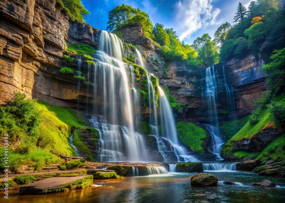 Fototapeta premium Majestic Waterfall: Vertical Nature Photography - Powerful Cascade in Lush Green Landscape