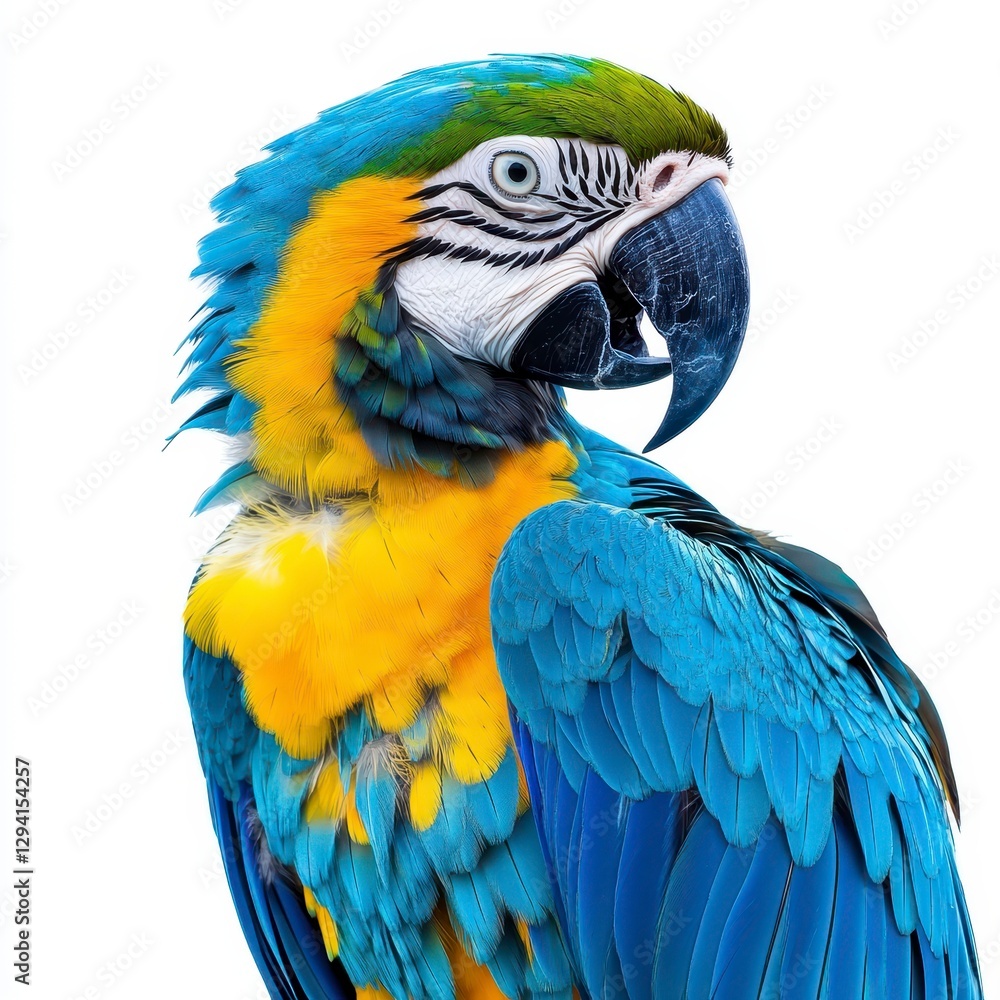Fototapeta premium Closeup of a Vibrant Blue and Yellow Macaw Parrot Against White Background