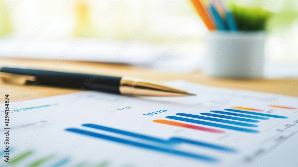 A close-up view of colorful bar graphs on paper, a pen, and office supplies, emphasizing data analysis and business performance.