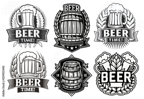 Craft beer logo set with mugs full of foamy beer, wooden barrels and hop cones for brewery branding and beverage graphics.