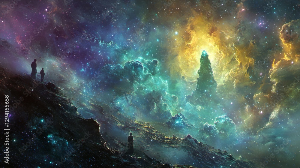 Fototapeta premium Stunning Cosmic Landscape with Colorful Nebulae and Silhouetted Figures Evoking Wonder and Discovery in Outer Space