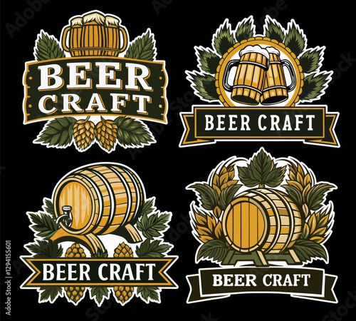 Vintage beer logo collection featuring wheat adorned glass, hop cone emblem set, wooden barrel with artisan bottle cap design representing craft brewing tradition for design of bar