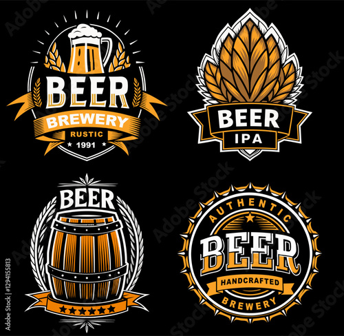 Vintage beer logo collection featuring wheat adorned glass, hop cone emblem set, wooden barrel with artisan bottle cap design representing craft brewing tradition for design of bar