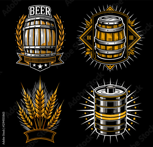 Beer logo collection with wooden barrel, beer keg, wheat, ribbons, geometric elements for beer industry and brewery branding and handcrafted brews. Beer emblem for bar