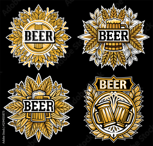 Craft beer logo set with frothy mugs, golden wheat, decorative ribbons, representing brewing artistry for beer industry and brewery branding and handcrafted brews. Beer emblem for bar