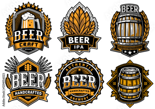 Set of vintage beer logos with beer cap, mugs, barrels, brewery emblems and other beer related elements for beer industry and brewery branding and handcrafted brews