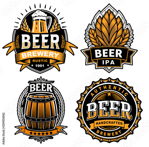Vintage beer logo collection featuring wheat adorned glass, hop cone emblem set, wooden barrel with artisan bottle cap design representing craft brewing tradition for design of bar