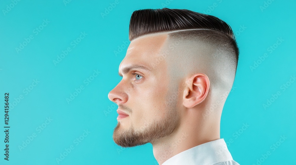Fototapeta premium Elevate Your Style Discover the Essence of a Well-Dressed Man with a Perfect Haircut, Embodied in a Sleek and Minimalist Look Explore our curated collection showcasing impeccable grooming, sharp