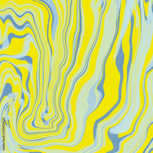 Abstract artwork featuring wavy, organic lines in shades of blue, light blue, and yellow. The lines create a fluid, dynamic pattern that evokes a sense of movement and flow. 