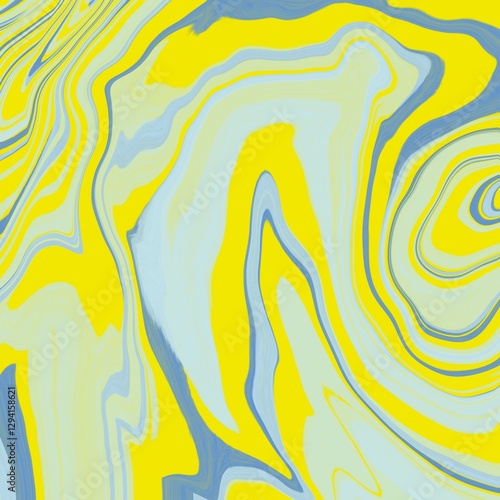 Abstract swirl pattern featuring vibrant yellow and blue hues. The composition consists of fluid, wavy lines that create a sense of movement and flow.