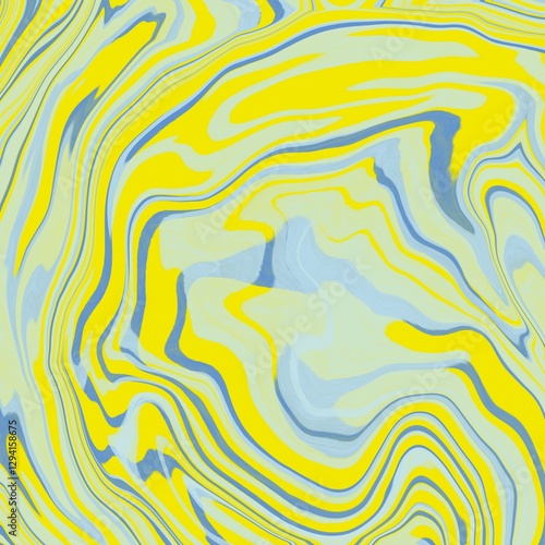 Abstract design featuring wavy, swirling patterns in vibrant yellow and muted blue. The organic curves create a marbled effect, reminiscent of fluid movement