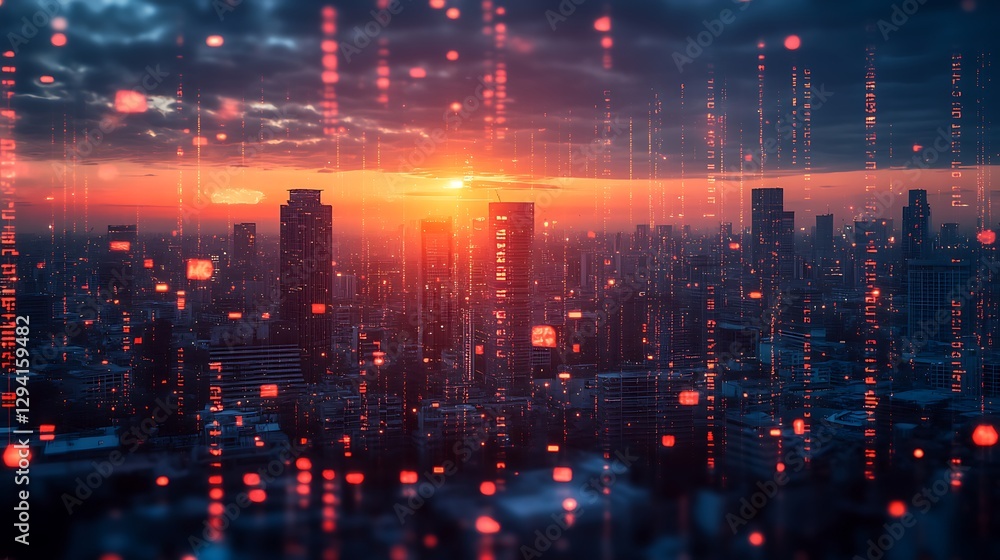 A futuristic data overlay on a city at sunset A futuristic data overlay on a city at sunset