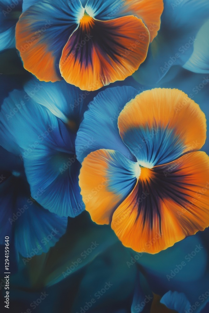 Obraz premium Colorful pansy flowers close-up in vibrant blue and orange shades, garden beauty, nature photography, floral background, spring season, botanical illustration.