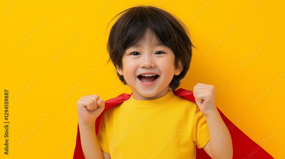 A happy child wearing a yellow t-shirt and a red cape, smiling widely in front of a bright yellow background. A happy child wearing a yellow t-shirt and a red cape, smiling widely in front of a bright yellow background.