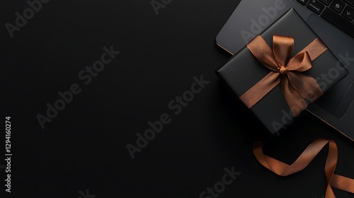 Black gift box with copper ribbon on laptop.