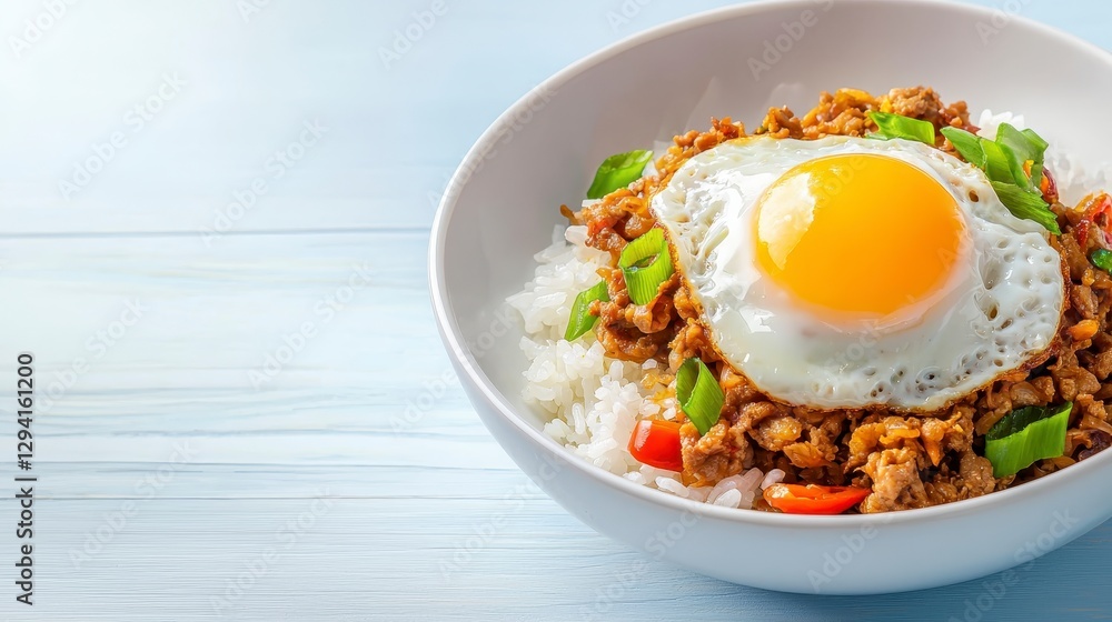 Savory Rice Bowl with Fried Egg and Ground Meat on Light Blue Wooden Table Savory Rice Bowl with Fried Egg and Ground Meat on Light Blue Wooden Table