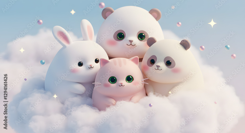 Adorable Panda, Bunny, and Kitten on a Cloud: A Dreamy 3D Render of Cute Animals Adorable Panda, Bunny, and Kitten on a Cloud: A Dreamy 3D Render of Cute Animals