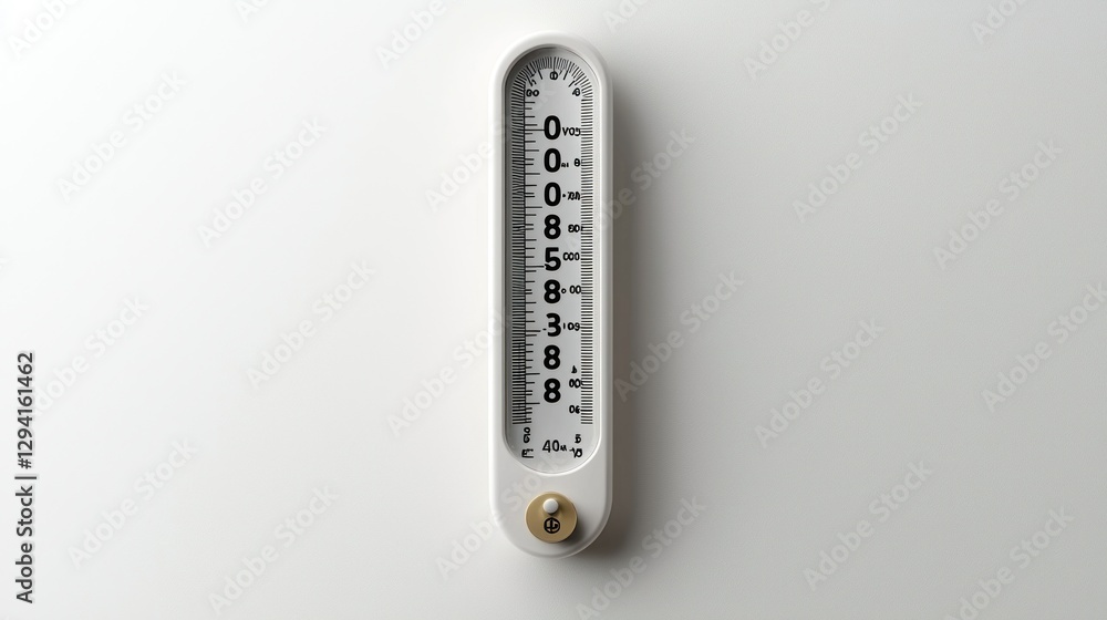 Modern wall thermometer, displaying zero degrees, on white background Modern wall thermometer, displaying zero degrees, on white background