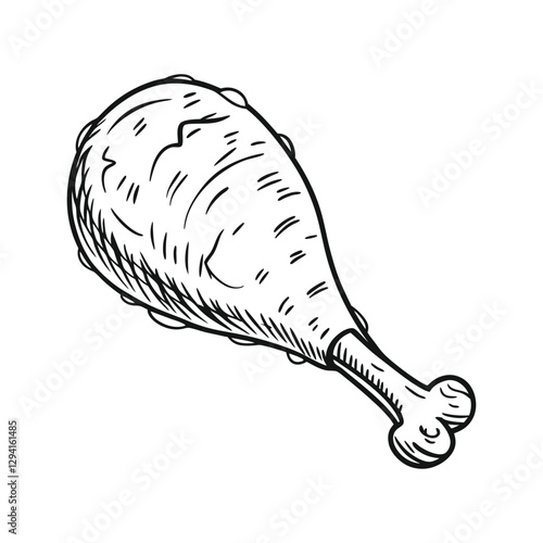 Fried chicken leg piece drawn in hand line art vector illustration