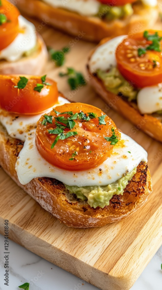Delicious toasted bread topped with melted cheese, fresh tomatoes, and herbs prepared in a cozy kitchen setting Delicious toasted bread topped with melted cheese, fresh tomatoes, and herbs prepared in a cozy kitchen setting