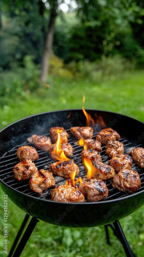 On a sunny afternoon, I find myself grilling mouthwatering meat skewers over an open flame in a vibrant, lush green backyard On a sunny afternoon, I find myself grilling mouthwatering meat skewers over an open flame in a vibrant, lush green backyard