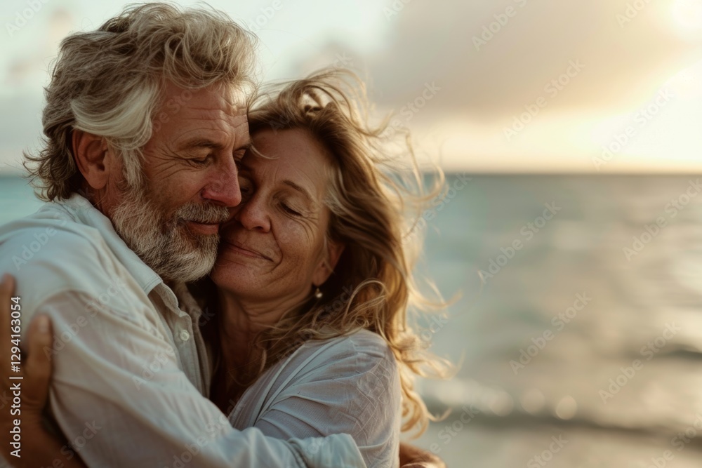 Portrait of a blissful caucasian couple in their 50s sharing a hug on the seashore Portrait of a blissful caucasian couple in their 50s sharing a hug on the seashore