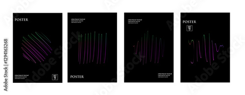 Linear poster cover background vector set. rough lines  shapes and spirals inspired by neon theme. Modern neon collection for social media, wall art, flyers, Deco.