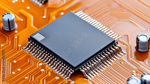 Black Microchip on Orange Circuit Board Detail