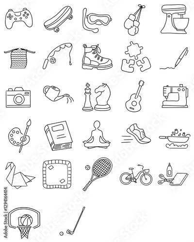 hand drawn set hobbies and leisure time icons