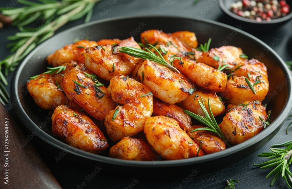 Fried shrimp with rosemary and garlic in a pan on a dark wooden background Fried shrimp with rosemary and garlic in a pan on a dark wooden background