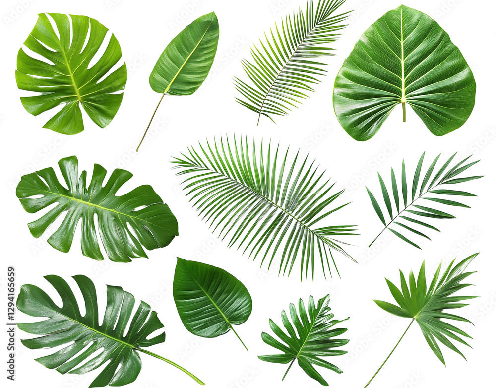 A collection of tropical palm leaves in various shapes and sizes, arranged on a transparent background PNG A collection of tropical palm leaves in various shapes and sizes, arranged on a transparent background PNG