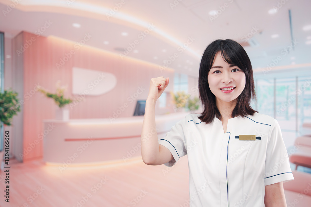 クリニックの受付で働く若い女性