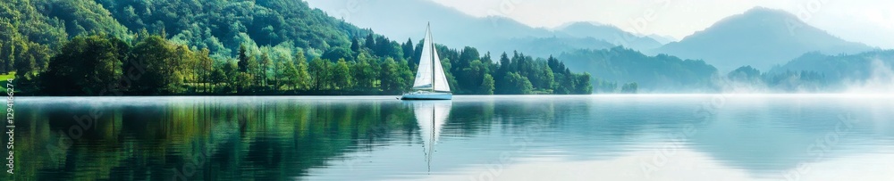 Serene sailboat glides on misty lake amidst tranquil mountain forest landscape inspiring wanderlust and adventure. Serene sailboat glides on misty lake amidst tranquil mountain forest landscape inspiring wanderlust and adventure.
