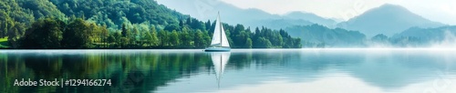 Serene sailboat glides on misty lake amidst tranquil mountain forest landscape inspiring wanderlust and adventure.