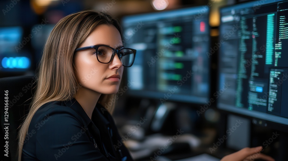 Naklejka premium Cybersecurity data protection through collaboration. Focused woman coding at multiple computer screens in a tech environment.