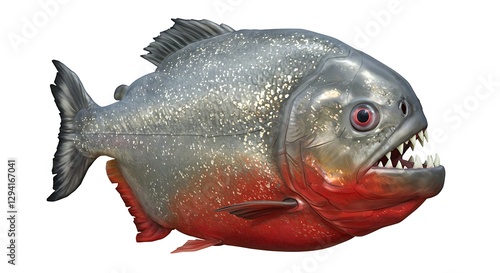 A realistic piranha with sharp teeth, silver scales, and red belly, white background photo