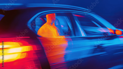 Futuristic Neon Glitch Art Man in Motion within Blurred Car
