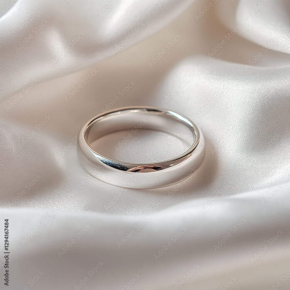 Simple Elegant Silver Ring on Soft Satin Fabric Background Simple Elegant Silver Ring on Soft Satin Fabric Background