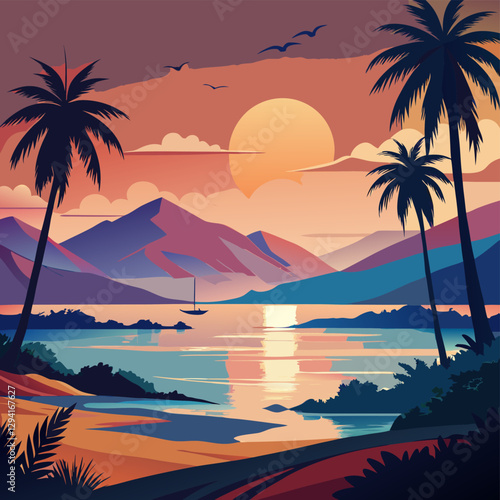 summer beautiful  Tropical beach with palm trees and sea - summer resort at sunset