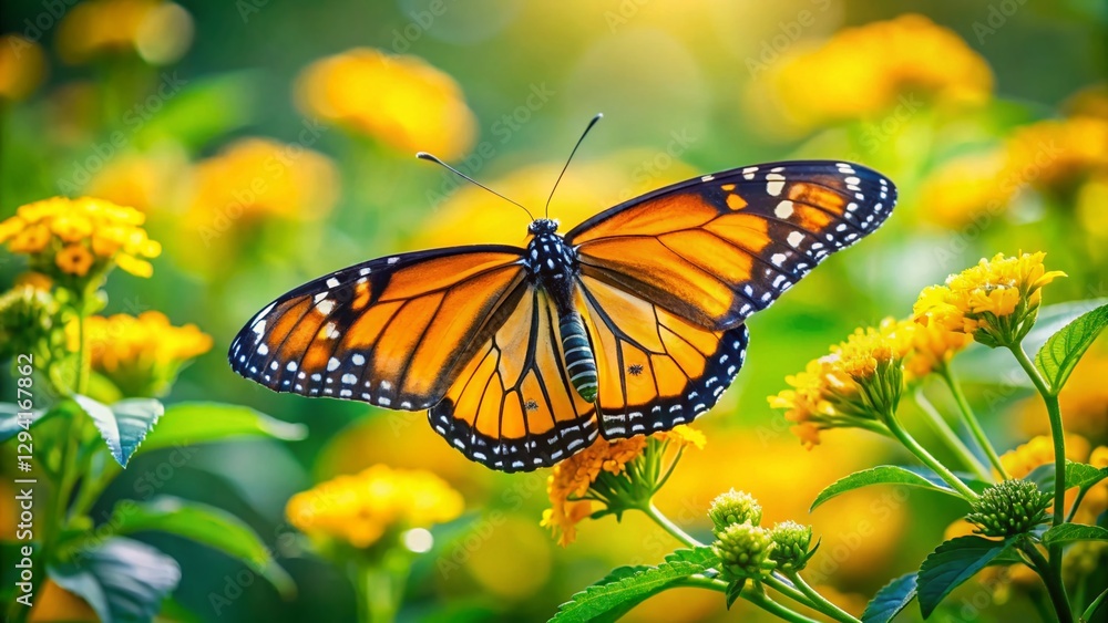 Naklejka premium Miniature Monarch Butterfly on Yellow Flower, Close-up Tilt-Shift Macro