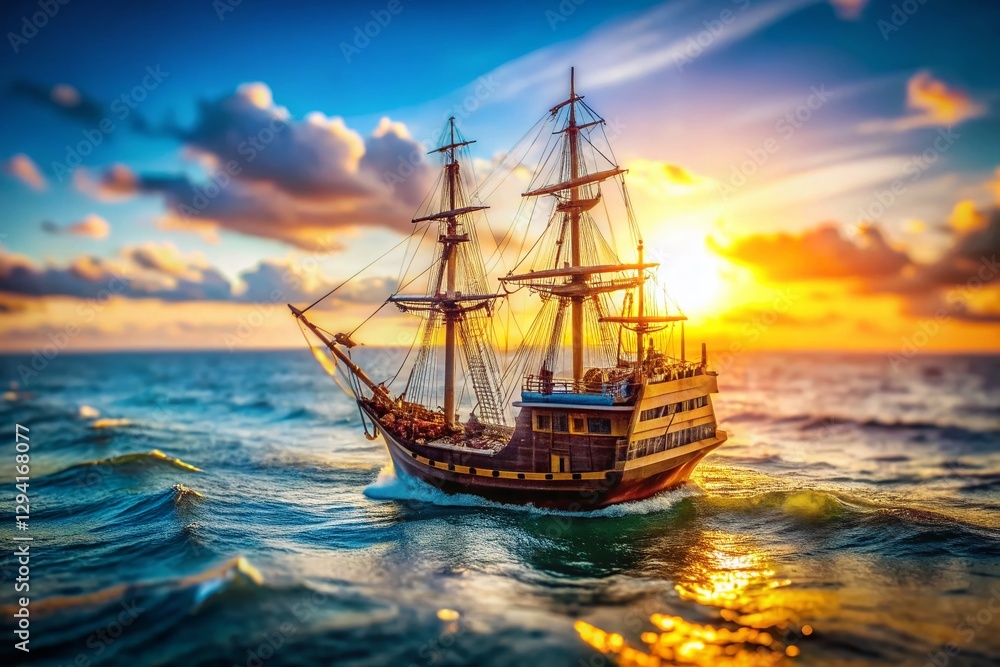 Obraz premium Miniature Old Sailing Ship on Ocean, Tilt-Shift Photography