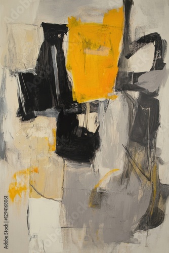 Abstract modern art painting with bold colors including yellow, black, and gray, showcasing creative expression and contemporary design for interior decoration.