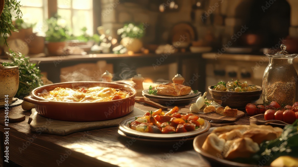 Fototapeta premium Rustic Kitchen Table with Hearty Casseroles Roasted